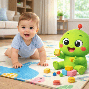 Bebé gateando sobre alfombra de juego junto en el living de una casa